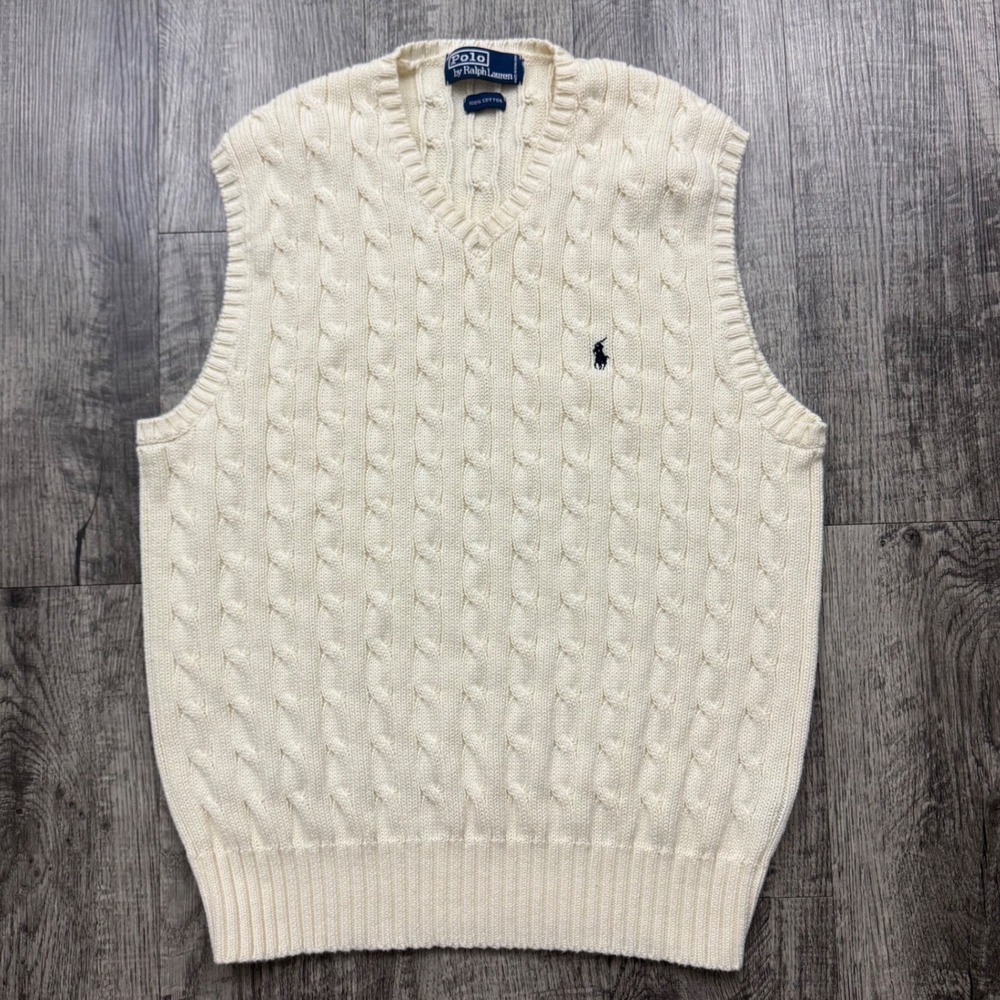 Vintage 90s Polo Ralph Lauren Cream Cable Knit Cotton V-Neck Sweater Vest Sz M